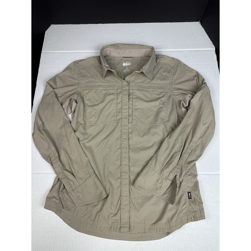 REI Co-Op Womens Sahara Long Sleeve Button Down Top Beige Tan Shirt Size Small